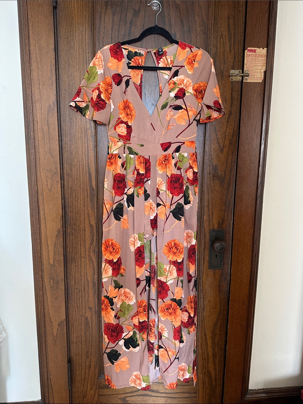 Floral Romper with Train Dress in Mauve with Red & Orange Blooms